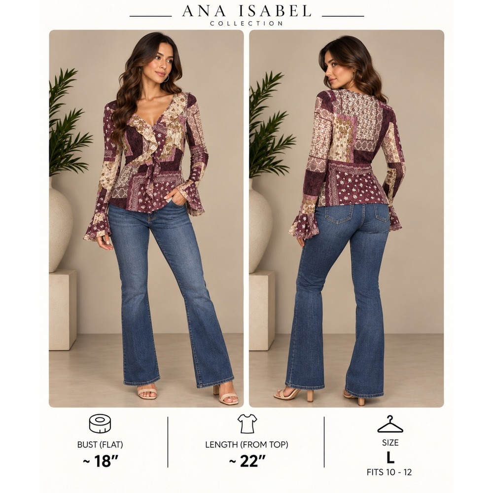 Easy Wear El Corte Ingles Patchwork Lace Ruffle V-Neck Blouse Burgundy Large